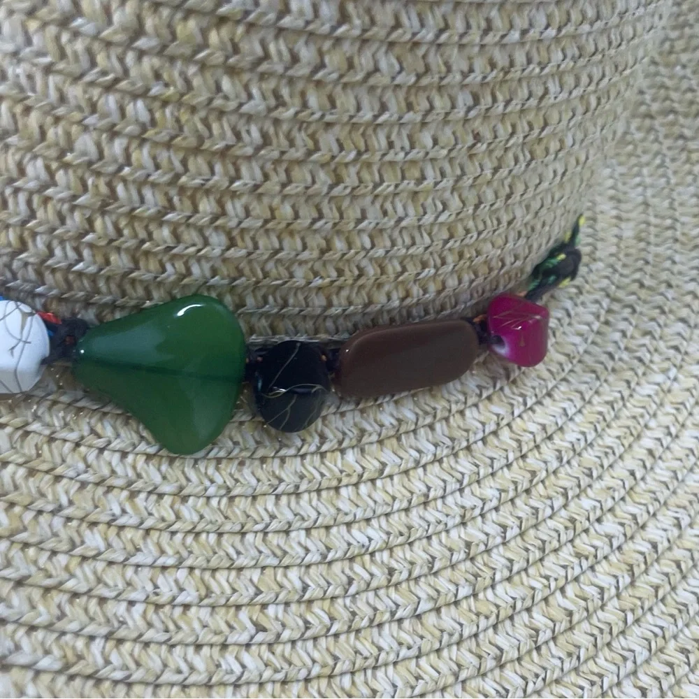 Bohemian Large straw hat with beading detailing with chin strap and bow tie